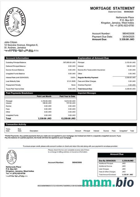 Jamajka Bank of Jamaica wyciąg z kredytu hipotecznego szablon Word i PDF